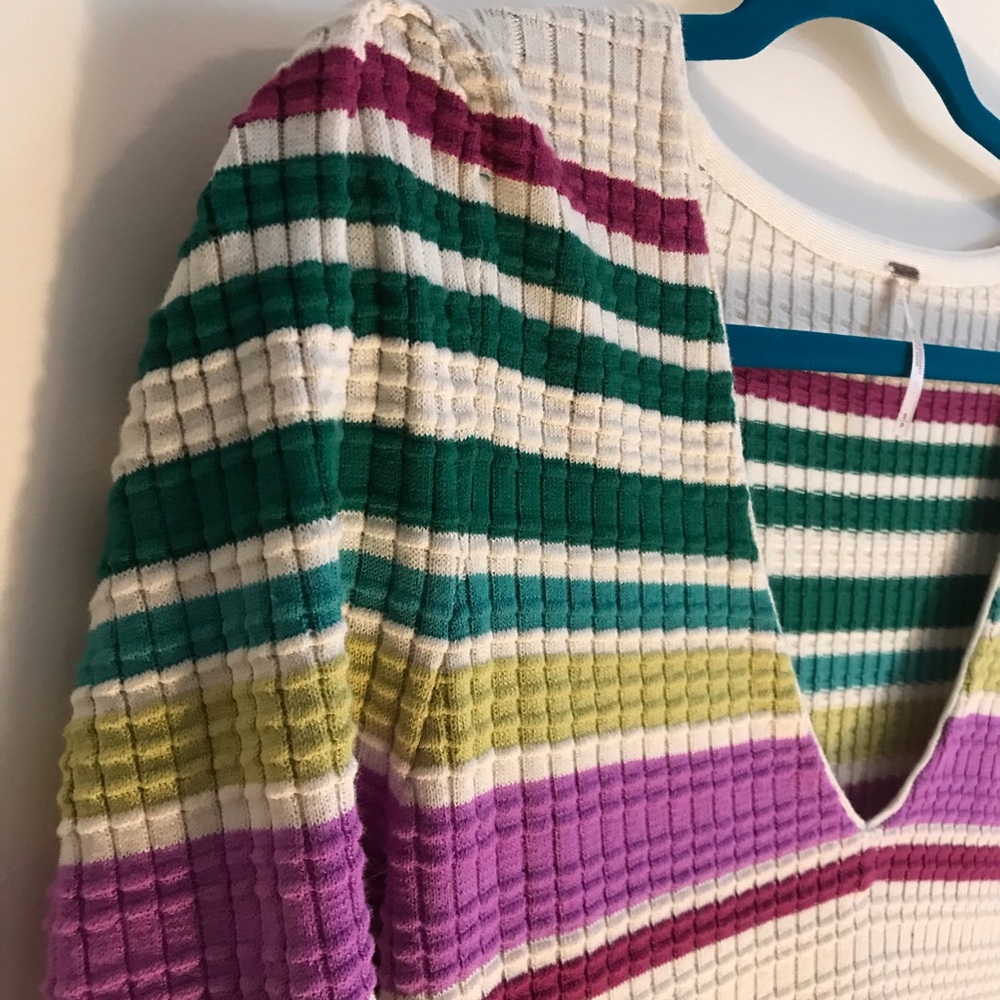 Free People Cream Waffle Knit Mini Dress with Green and Purple Stripes - Picture 3 of 5